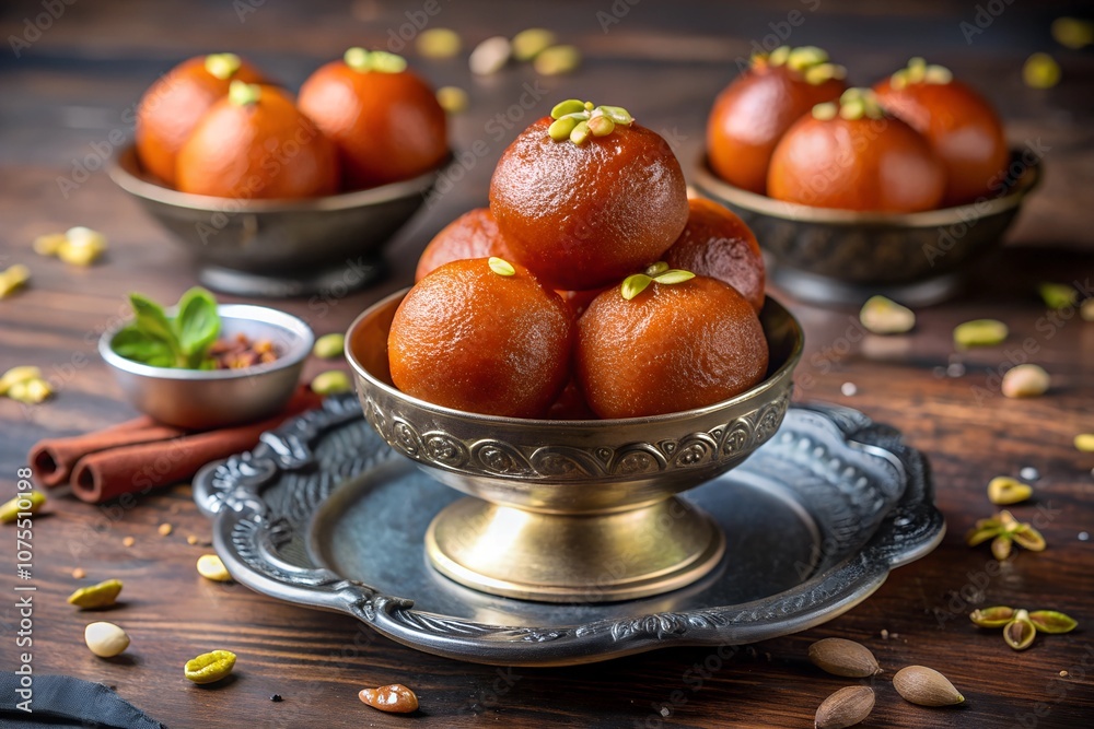 A luxurious presentation of gulab jamun in an ornate golden bowl, garnished with pistachios and placed on a decorative tray with rustic wooden table details in the background. A luxurious presentation of gulab jamun in an ornate golden bowl, garnished with pistachios and placed on a decorative tray with rustic wooden table details in the background.