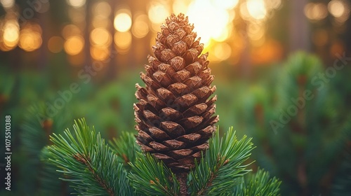 A single pine cone on a branch with a blurry sunset background.
