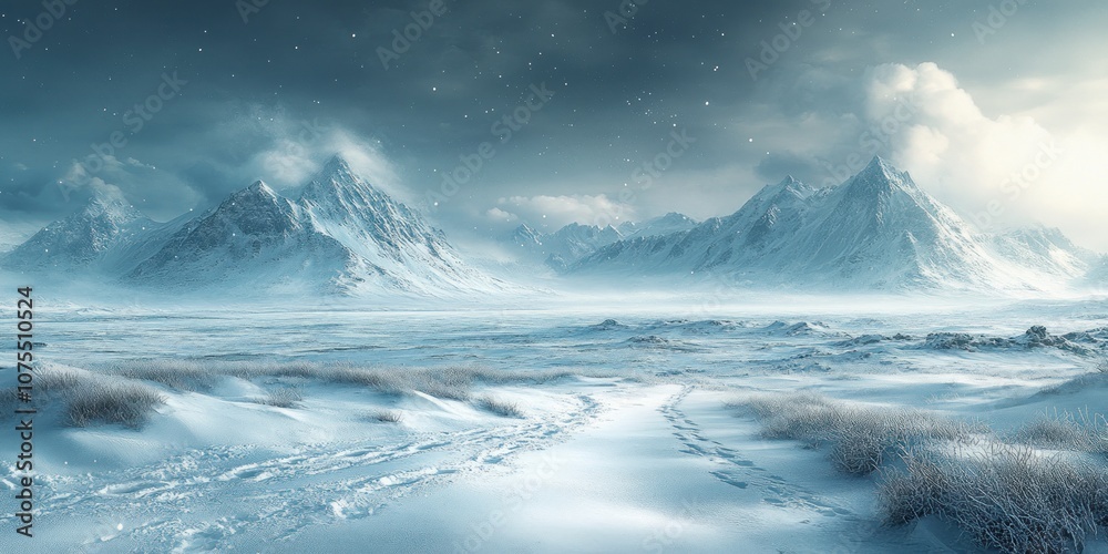 A snowy mountain range with footprints leading into the distance, under a blue sky with clouds and a few stars. A snowy mountain range with footprints leading into the distance, under a blue sky with clouds and a few stars.