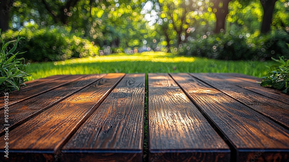 A serene wooden pathway in a sunlit park surrounded by greenery. A serene wooden pathway in a sunlit park surrounded by greenery.