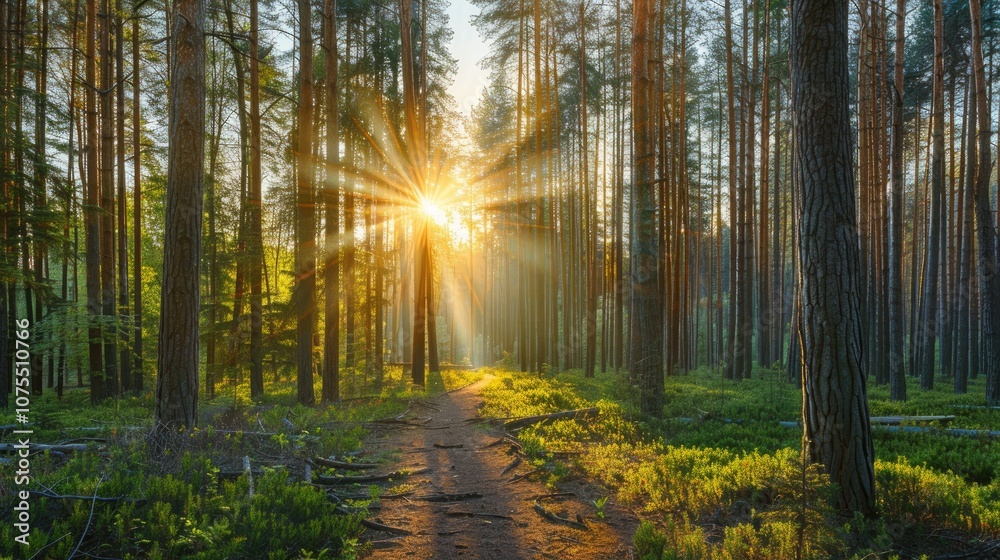 Fototapeta premium Golden hour forest landscape basking in warm and soft sunlight