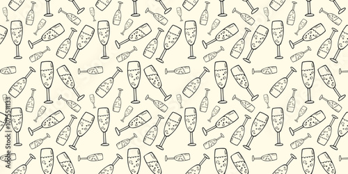 Two clinking champagne glasses on seamless pattern. Vector illustration in doodle style. Pattern design