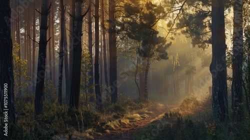 Golden hour forest landscape basking in warm and soft sunlight