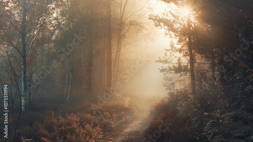 Golden hour forest landscape basking in warm and soft sunlight