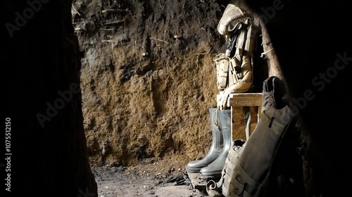 A view inside a military dugout, with a helmet, jacket, and boots neatly arranged, capturing the essence of a soldier's temporary shelter on the front lines