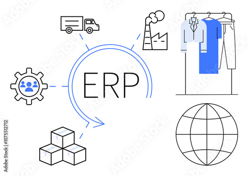 ERP system elements connecting gear, delivery truck, factory, shirts, globe, and boxes. Ideal for business process, supply chain logistics inventory manufacturing software global trade. Line