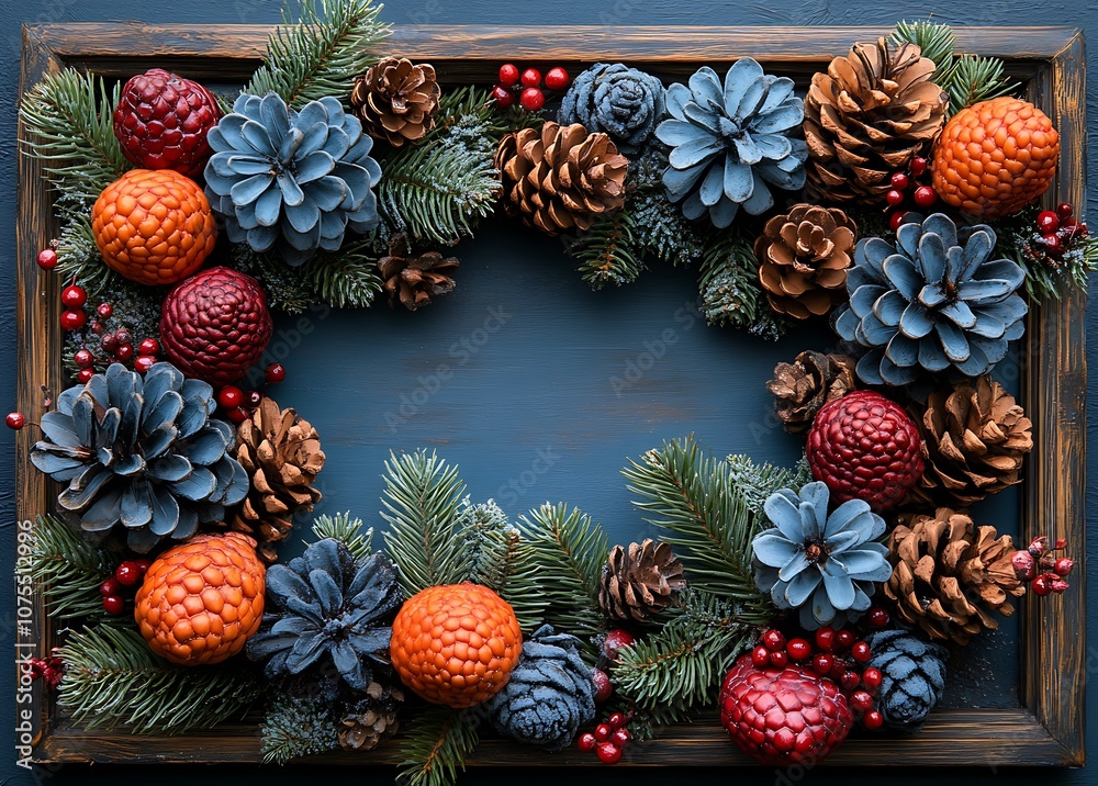 Fototapeta premium Frame with Pine Cones and Berries. 