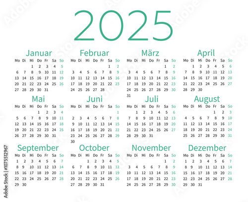 German calendar for 2025. The week starts on Monday.