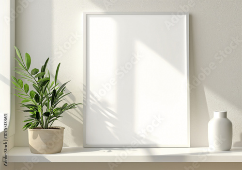 White frame in a bright interior Mockup. Vertical picture lighted. Generative ai