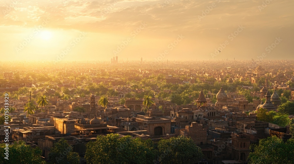 Fototapeta premium A golden sunset casts a warm glow over a sprawling cityscape, with numerous domes and minarets dotting the skyline.
