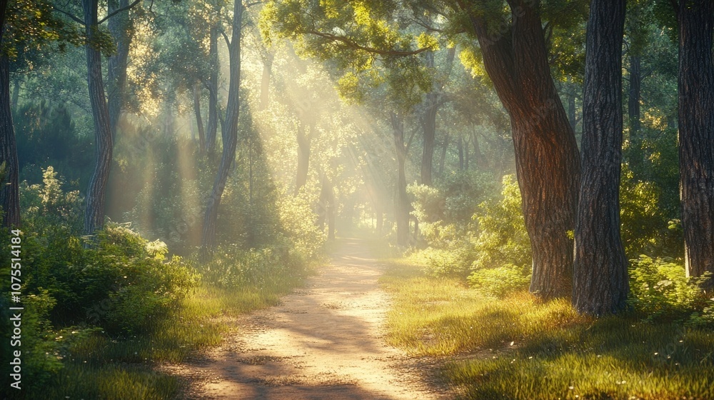 Fototapeta premium Sunlight streams through the trees, illuminating a path through a lush, green forest.