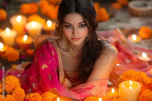 Woman in Pink Sari with Candlelight and Flowers1 photo