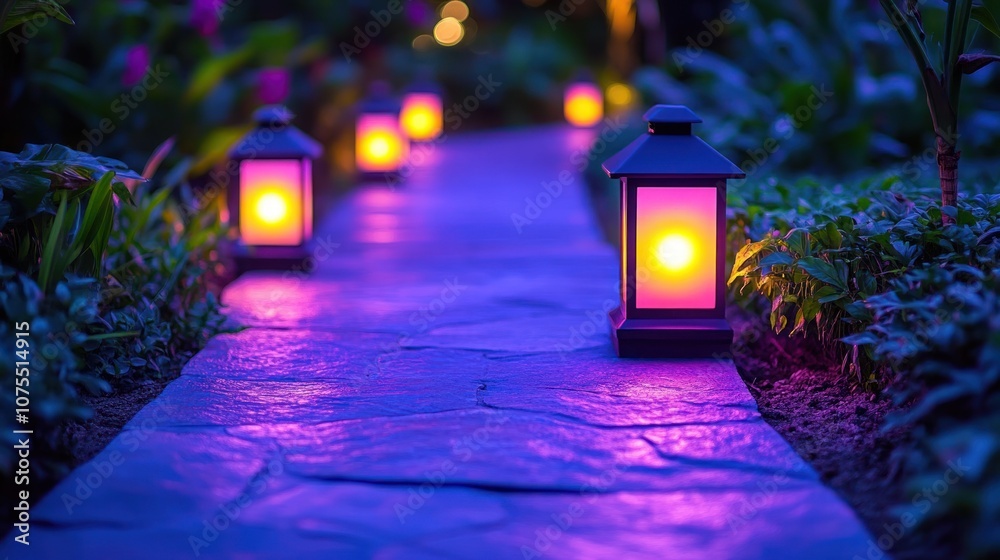 A stone pathway lined with lit lanterns in a garden at night. A stone pathway lined with lit lanterns in a garden at night.