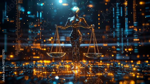 Digital Lady Justice with glowing scales, representing the integration of AI in the justice system, symbolizing law, ethics, and balance in a futuristic digital environment.