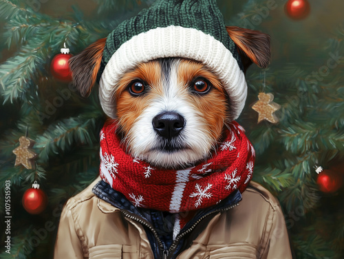 Realistic portrait of a Tenterfield Terrier wearing a winter hat, scarf, and jacket with a Christmas tree backdrop, in olive green, brown, and beige tones, festive Christmas style. photo