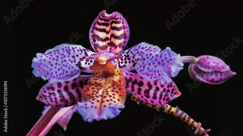 Vibrant zygopetalum orchid blooms on black backdrop, showcasing intricate patterns and diverse colors found in nature photo