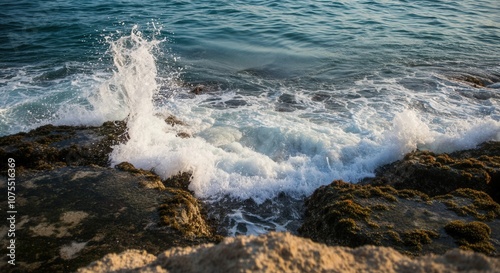 Sea waves crashing on rocky coastline at sunset