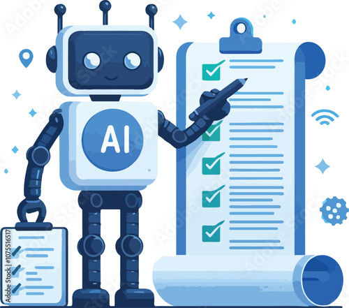 A robot with AI symbol holding data charts and documents points to a checklist on a scroll. Ideal for technology, artificial intelligence, data analysis, automation, and innovation. Simple vector art 