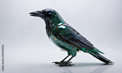 A robotic crow made of circuit boards stands against a white background