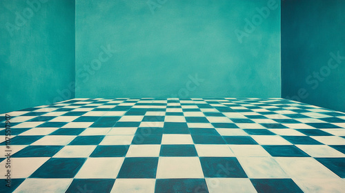 Blue Wall Checkerboard Floor Interior Design Empty Room Background