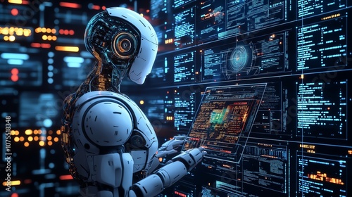 Advanced AI robot analyzing real-time data on multiple digital screens, showcasing futuristic artificial intelligence technology and data processing in a high-tech environment.