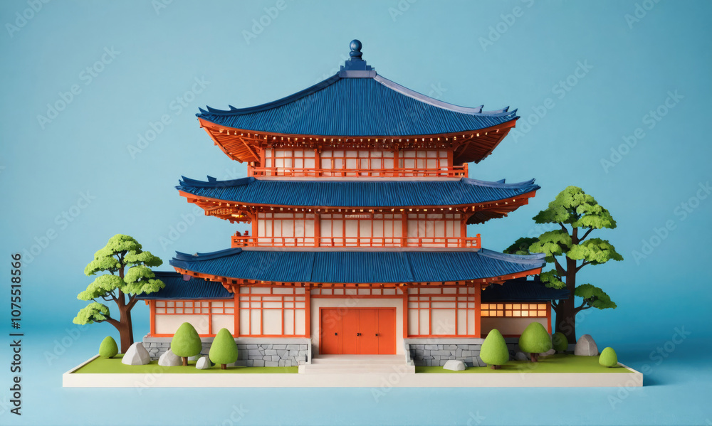 A three-story pagoda with a blue roof and red trim stands on a grassy base with small trees in front A three-story pagoda with a blue roof and red trim stands on a grassy base with small trees in front