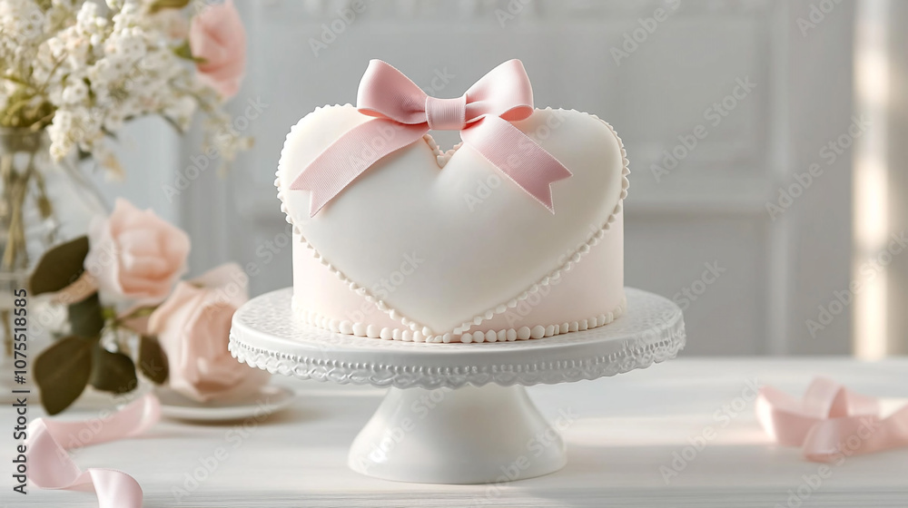 Heart Shaped Cake with Pink Bow on White Cake Stand Heart Shaped Cake with Pink Bow on White Cake Stand
