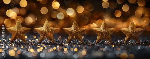 Five gold stars in row with bokeh background effects. Luxury rating system concept with glittering decorative elements perfect for 5 star review, positive feedback or award winning excellence themes