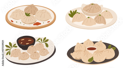 Set of Delicious Gyoza Dumplings with Ground Pork and Napa Cabbage Illustrations