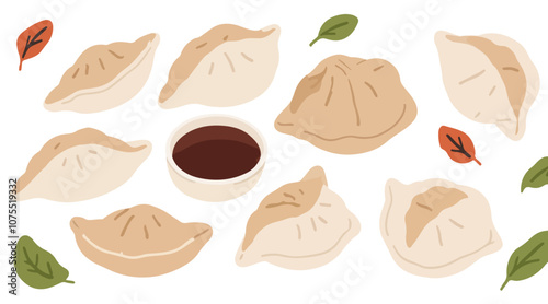 Set of Delicious Gyoza Dumplings with Ground Pork and Napa Cabbage Illustrations