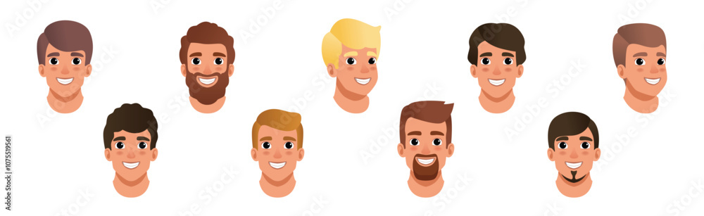 Man Smiling Face Head with Different Hairstyle Vector Set Man Smiling Face Head with Different Hairstyle Vector Set