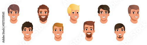 Man Smiling Face Head with Different Hairstyle Vector Set