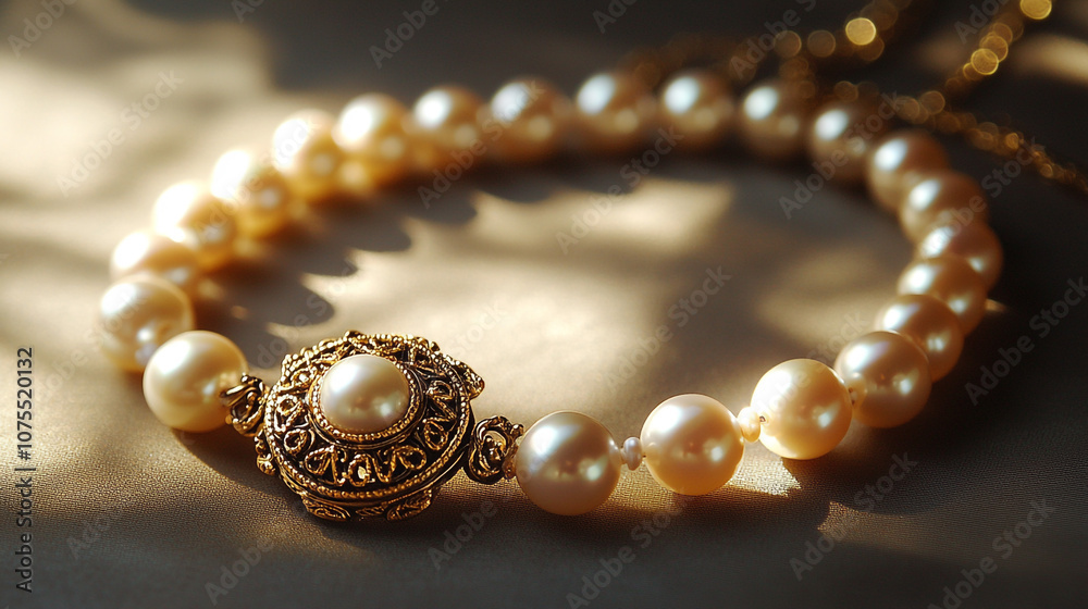 Elegant Pearl Necklace with Ornate Clasp on Fabric Background Elegant Pearl Necklace with Ornate Clasp on Fabric Background