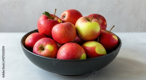 Fresh red apples in black bowl on gray background