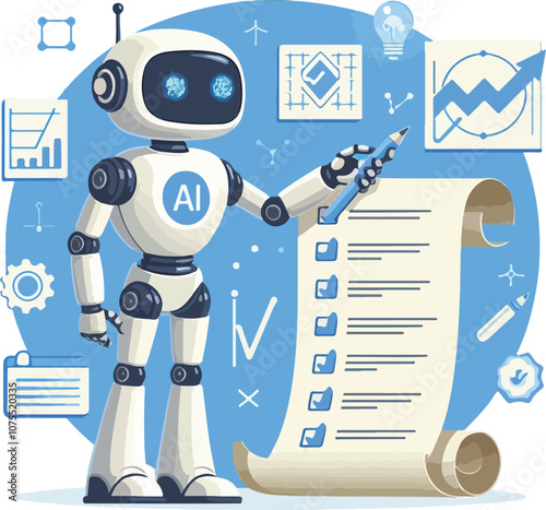 A robot with AI symbol holding data charts and documents points to a checklist on a scroll. Ideal for technology, artificial intelligence, data analysis, automation, and innovation. Simple vector art 