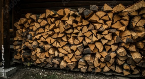 Rustic woodpile stacked cabin in setting photo