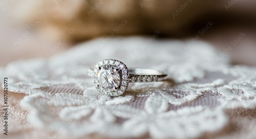 Fototapeta premium Elegant diamond engagement ring on lace fabric