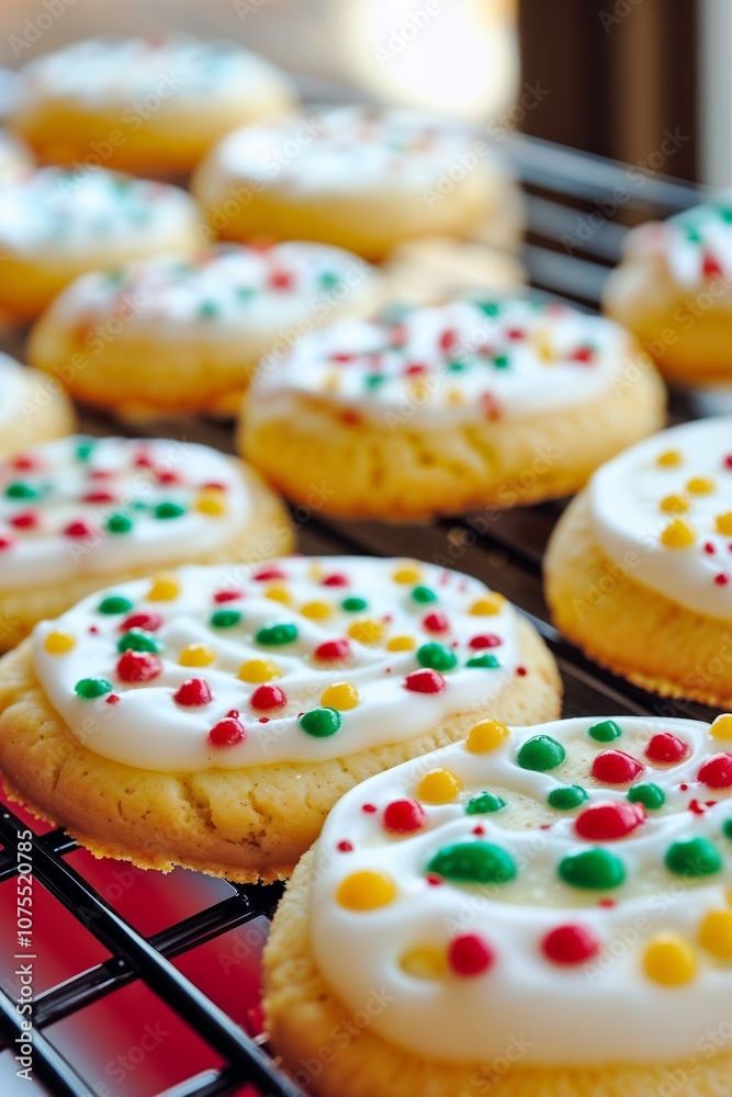 A close-up shot of homemade Christmas sugar cookies decorated with colorful icing. The festive treats evoke a joyful holiday spirit, and sweet, cheerful designs are perfect for family baking.
