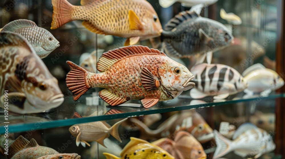 Red and white ceramic fish figurine is the focal point of this image, surrounded by other colorful fish figurines on glass shelves Red and white ceramic fish figurine is the focal point of this image, surrounded by other colorful fish figurines on glass shelves