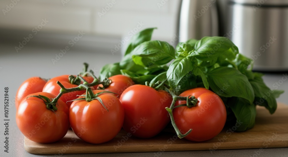 Fresh tomatoes basil leaves on kitchen countertop Fresh tomatoes basil leaves on kitchen countertop