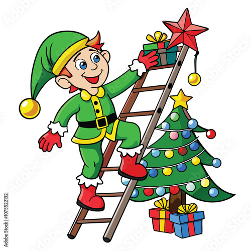 Elf on Ladder Decorating Christmas Tree with Ornaments and Lights