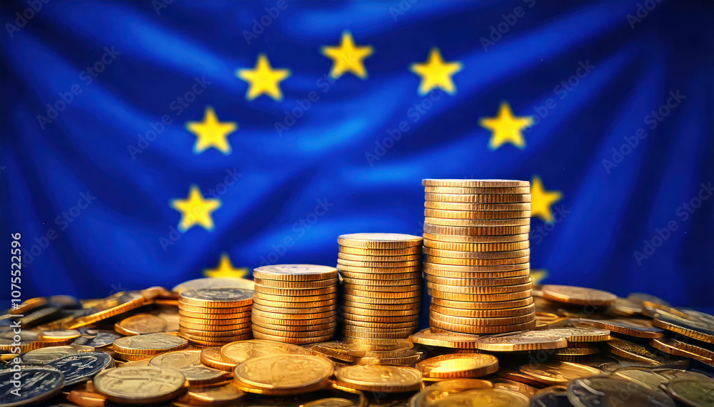Financial Stability In The European Union. Stack Of Golden Coins Against Eu Flag Backdrop. It Symbolizes The Financial Stability And Economic Prosperity Within The European Union