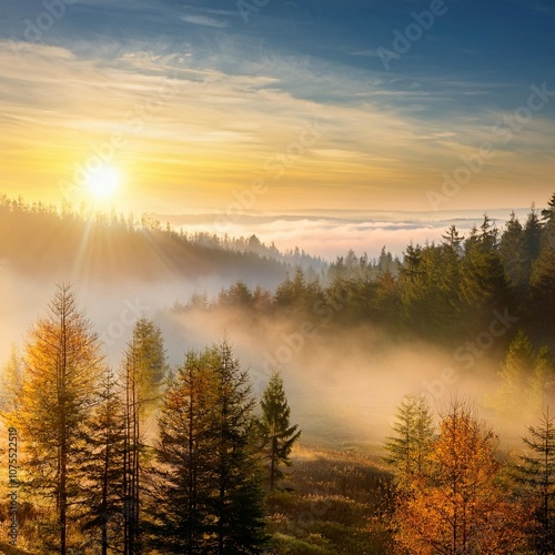 scenic morning in autumn sunrise and fog over tree forest with sunlight and shadow of tree background