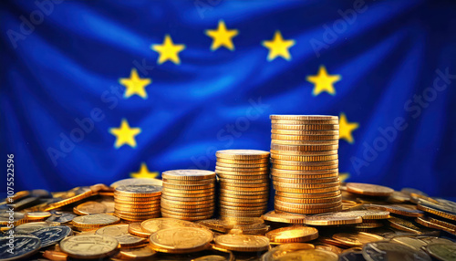 Obraz na płótnie Financial Stability In The European Union. Stack Of Golden Coins Against Eu Flag Backdrop. It Symbolizes The Financial Stability And Economic Prosperity Within The European Union w salonie
