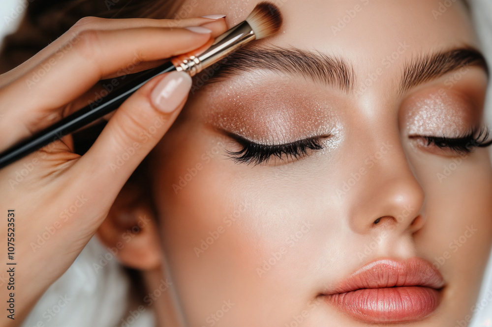 A close-up view of a woman applying makeup, on another woman, specifically focusing on her eyelid and eyelashes with a gold-colored makeup brush A close-up view of a woman applying makeup, on another woman, specifically focusing on her eyelid and eyelashes with a gold-colored makeup brush