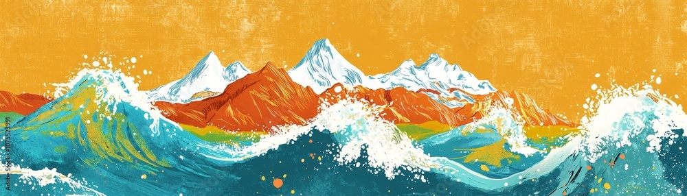 Experience the majesty of nature through vibrant waves and majestic mountains in this stunning landscape illustration Experience the majesty of nature through vibrant waves and majestic mountains in this stunning landscape illustration