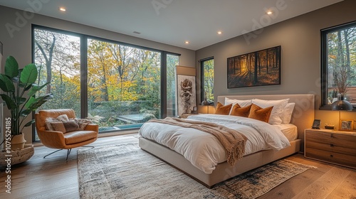 Modern bedroom with large windows overlooking a backyard with a pool.