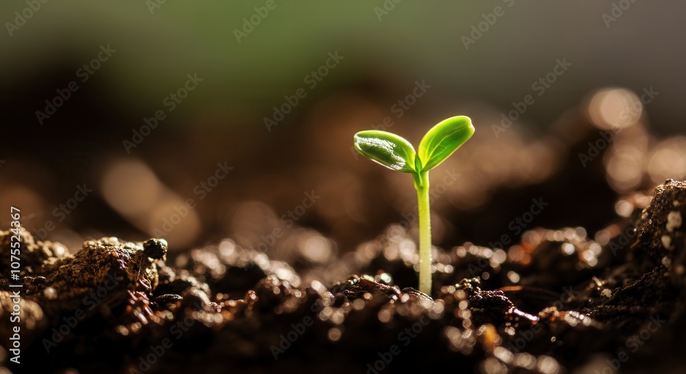 Green seedling sprouting fertile soil at sunrise Green seedling sprouting fertile soil at sunrise