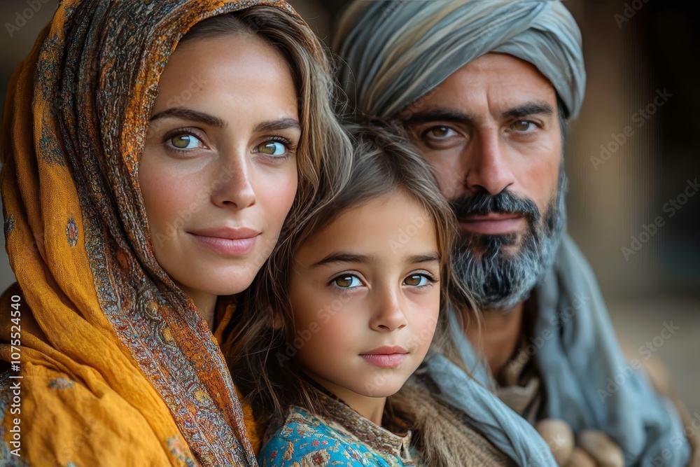 Portrait of Diverse Family with Hopeful Expressions Looking Into the Distance in Realistic Style Portrait of Diverse Family with Hopeful Expressions Looking Into the Distance in Realistic Style