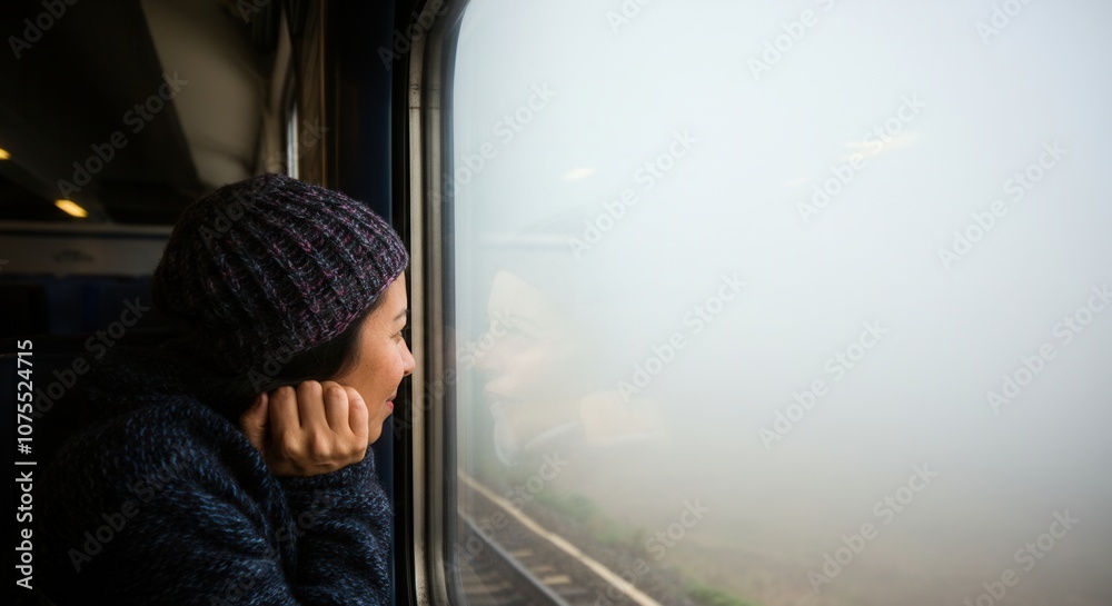 Reflective woman gazing of train window on foggy day